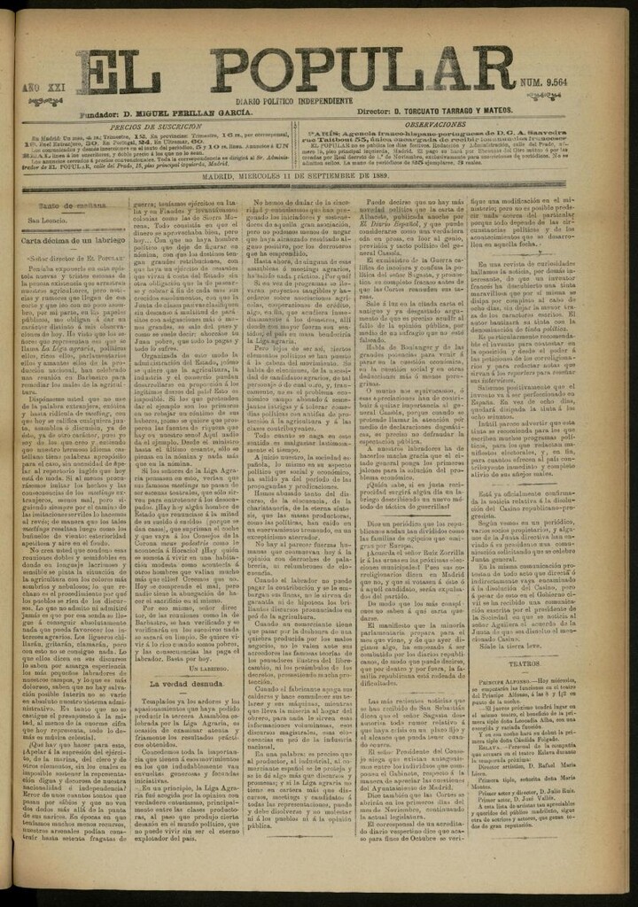 Miniatura de El Popular: diario independiente, político, literario y de noticias de interés general del 11 de septiembre de 1889, nº 9564
