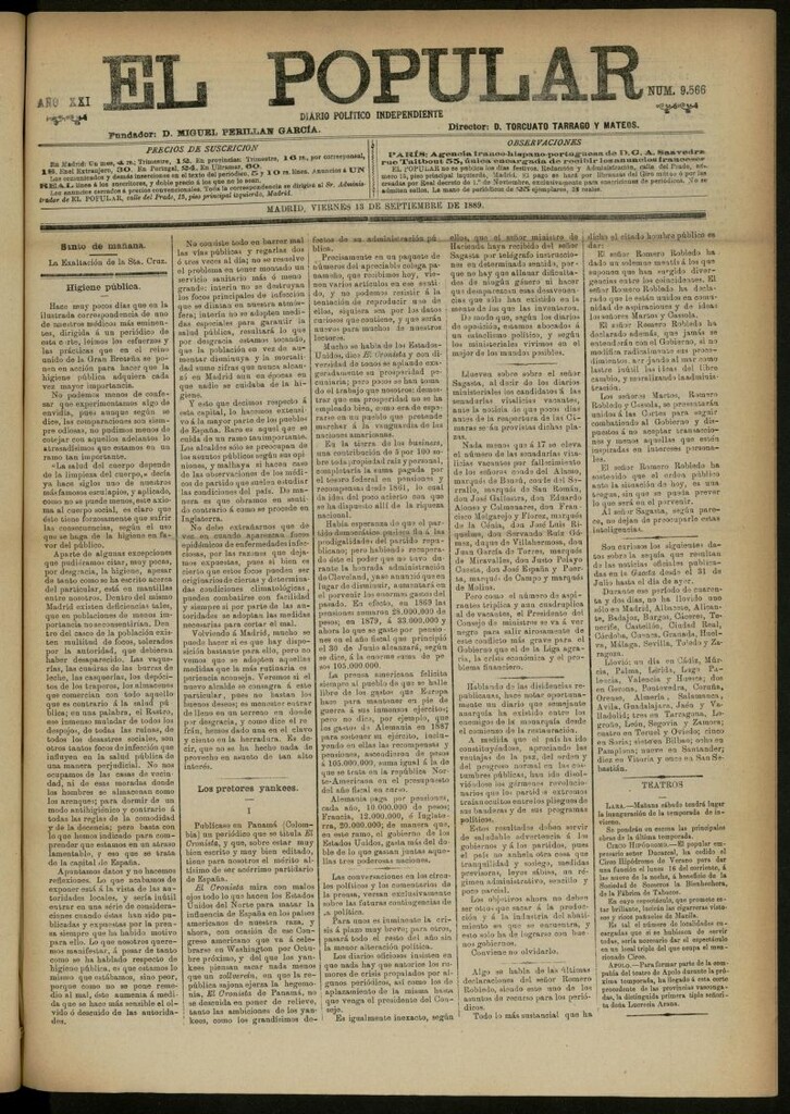 Miniatura de El Popular: diario independiente, político, literario y de noticias de interés general del 13 de septiembre de 1889, nº 9566
