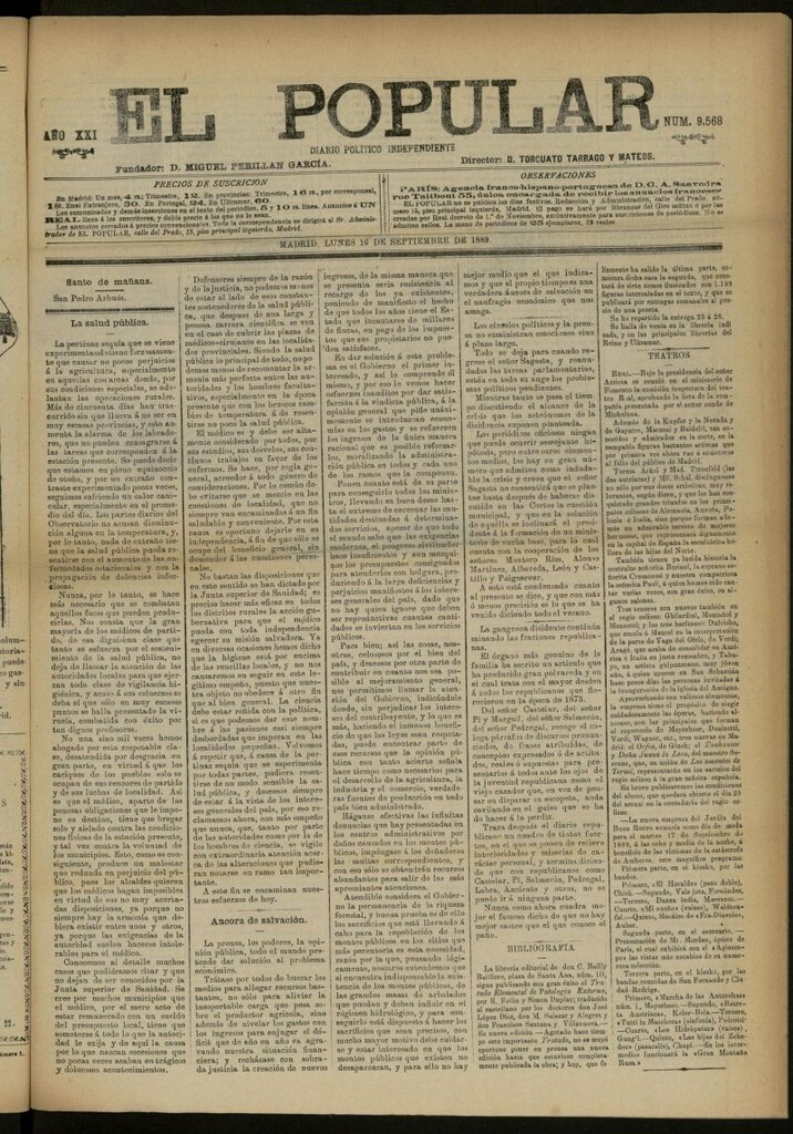 Miniatura de El Popular: diario independiente, político, literario y de noticias de interés general del 16 de septiembre de 1889, nº 9568