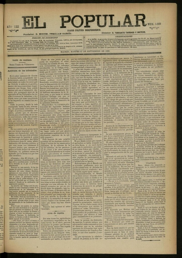 Miniatura de El Popular: diario independiente, político, literario y de noticias de interés general del 17 de septiembre de 1889, nº 9569