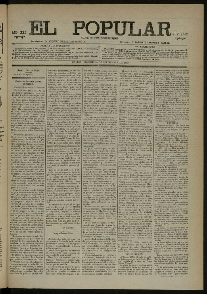 Miniatura de El Popular: diario independiente, político, literario y de noticias de interés general del 20 de septiembre de 1889, nº 9572