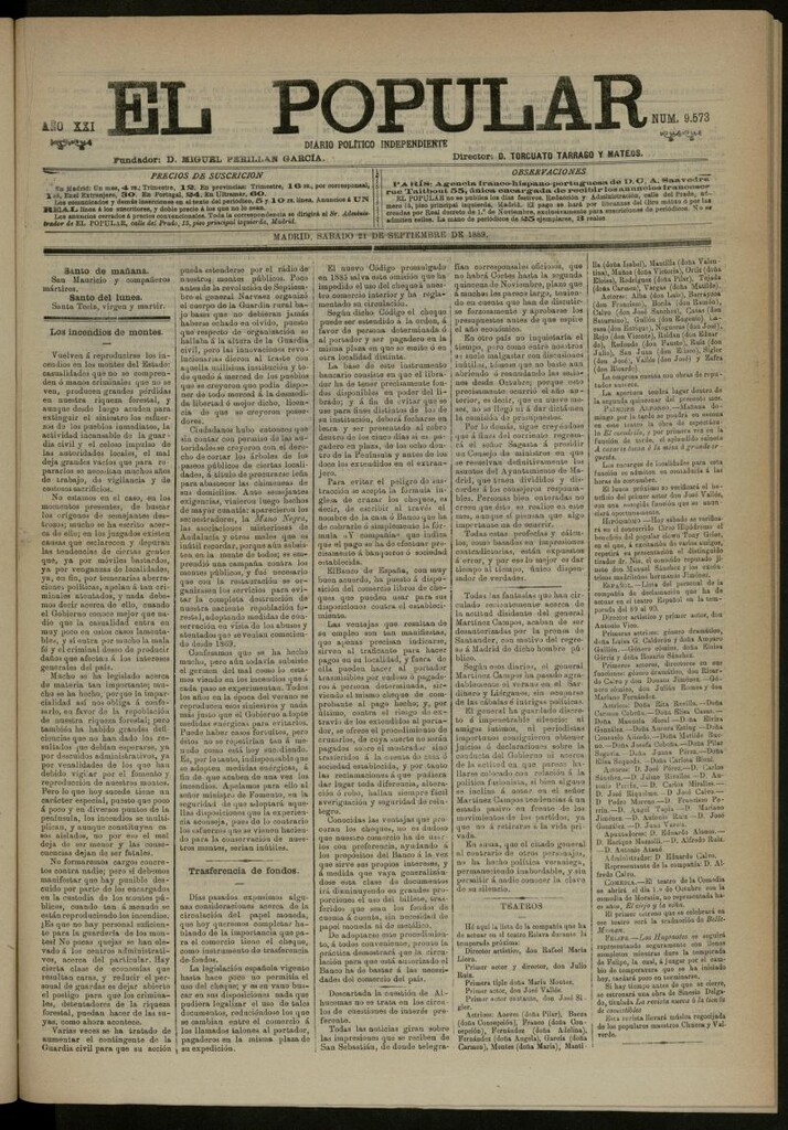 Miniatura de El Popular: diario independiente, político, literario y de noticias de interés general del 21 de septiembre de 1889, nº 9573