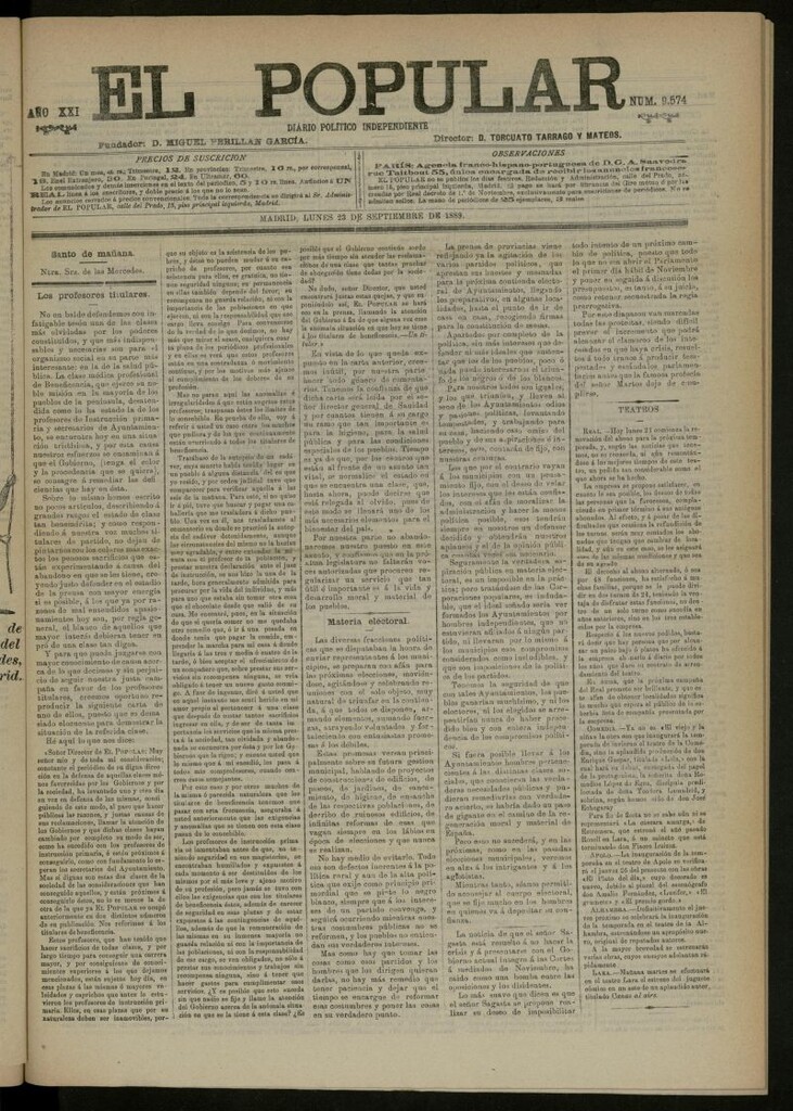 Miniatura de El Popular: diario independiente, político, literario y de noticias de interés general del 23 de septiembre de 1889, nº 9574