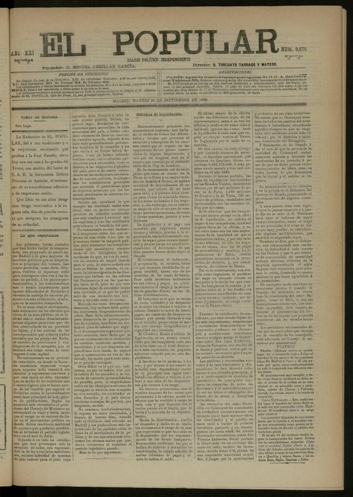 Miniatura de El Popular: diario independiente, político, literario y de noticias de interés general del 24 de septiembre de 1889, nº 9575