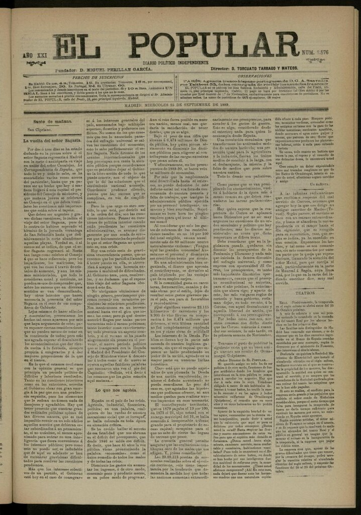 Miniatura de El Popular: diario independiente, político, literario y de noticias de interés general del 25 de septiembre de 1889, nº 9576