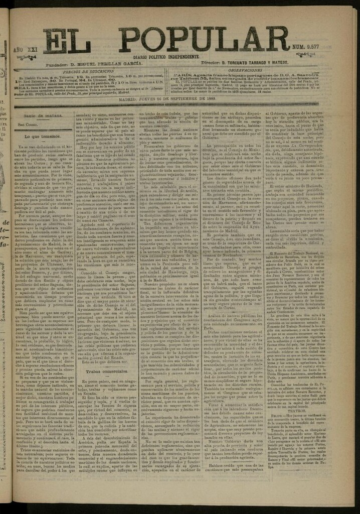 Miniatura de El Popular: diario independiente, político, literario y de noticias de interés general del 26 de septiembre de 1889, nº 9577