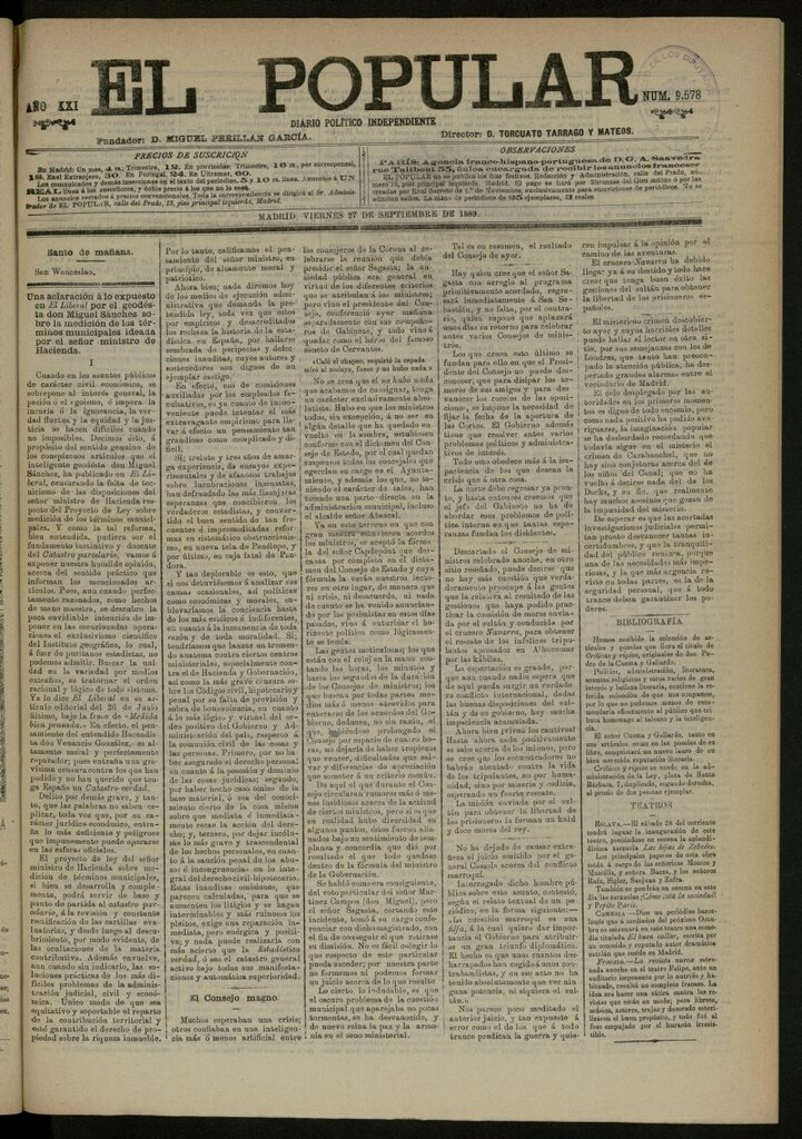 Miniatura de El Popular: diario independiente, político, literario y de noticias de interés general del 27 de septiembre de 1889, nº 9578