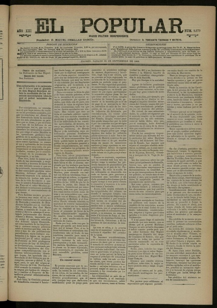 Miniatura de El Popular: diario independiente, político, literario y de noticias de interés general del 28 de septiembre de 1889, nº 9579