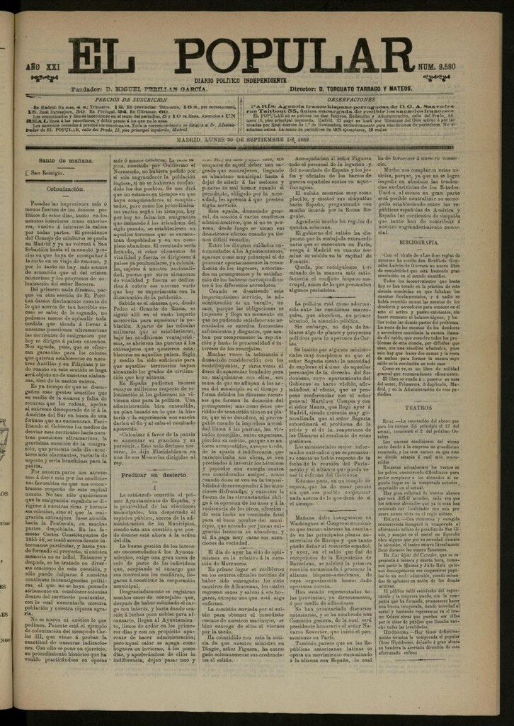 Miniatura de El Popular: diario independiente, político, literario y de noticias de interés general del 30 de septiembre de 1889, nº 9580