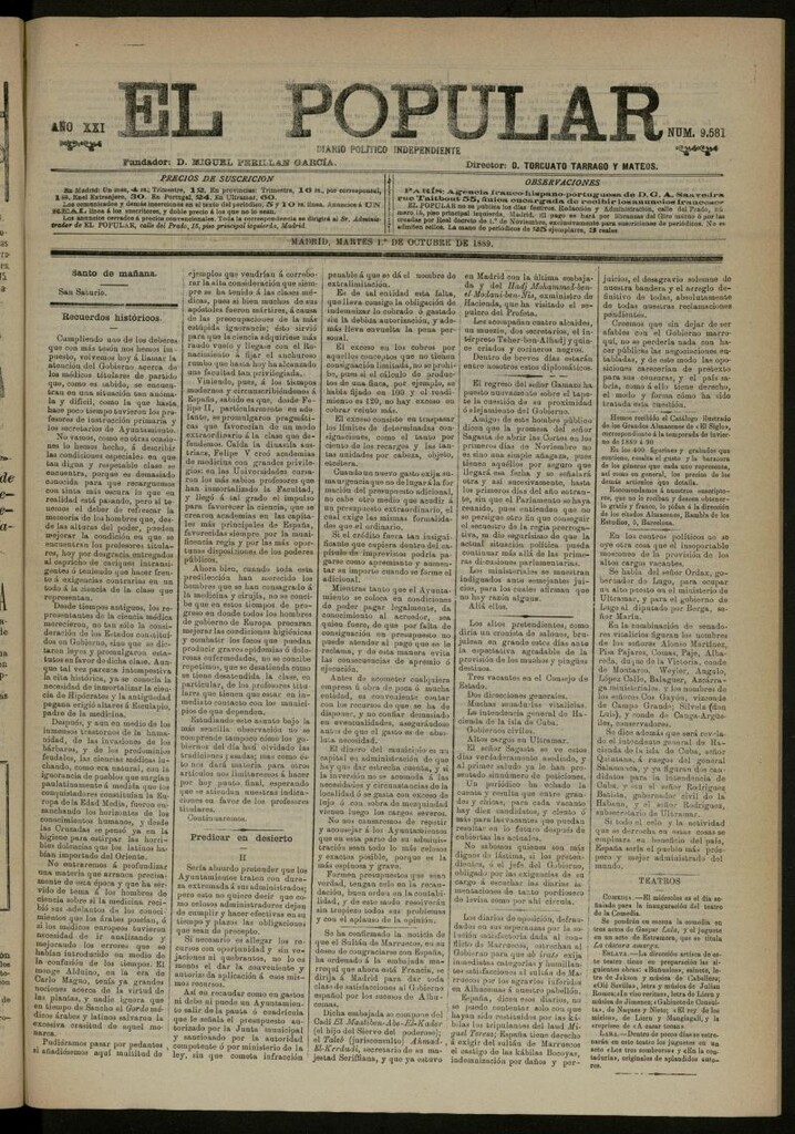 Miniatura de El Popular: diario independiente, político, literario y de noticias de interés general del 1 de octubre de 1889, nº 9581