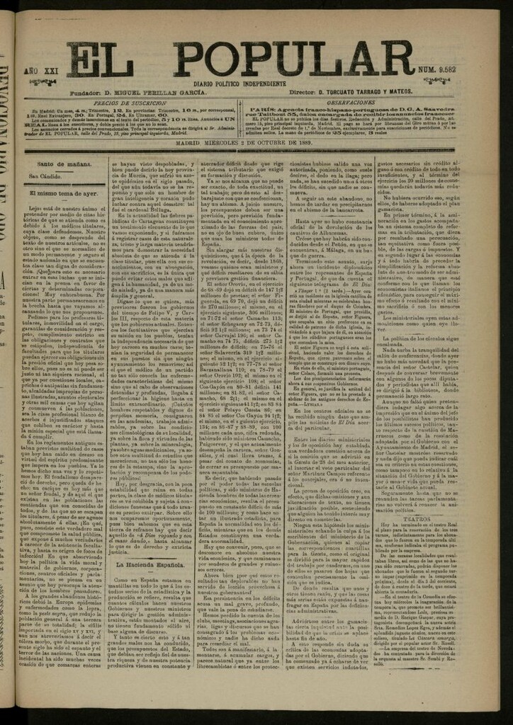 Miniatura de El Popular: diario independiente, político, literario y de noticias de interés general del 2 de octubre de 1889, nº 9582