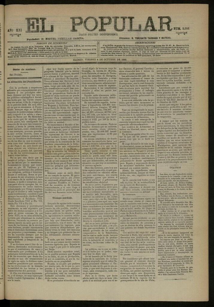 Miniatura de El Popular: diario independiente, político, literario y de noticias de interés general del 4 de octubre de 1889, nº 9584