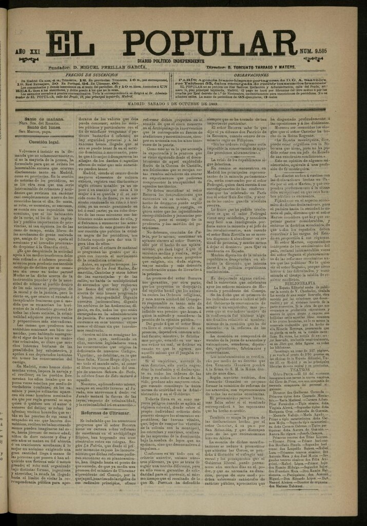 Miniatura de El Popular: diario independiente, político, literario y de noticias de interés general del 5 de octubre de 1889, nº 9585