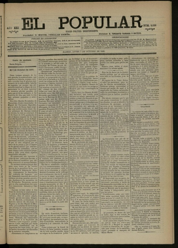 Miniatura de El Popular: diario independiente, político, literario y de noticias de interés general del 7 de octubre de 1889, nº 9586