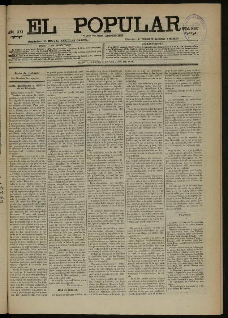Miniatura de El Popular: diario independiente, político, literario y de noticias de interés general del 8 de octubre de 1889, nº 9587