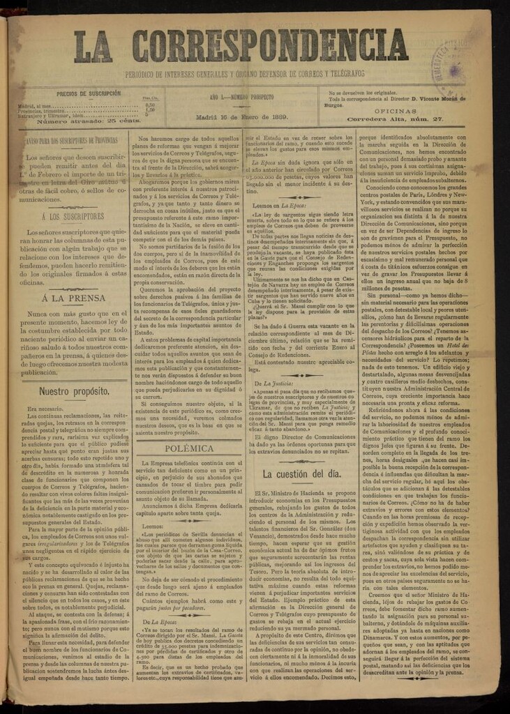Miniatura de La Correspondencia: periódico de intereses generales y órgano defensor de Correos y Telégrafos