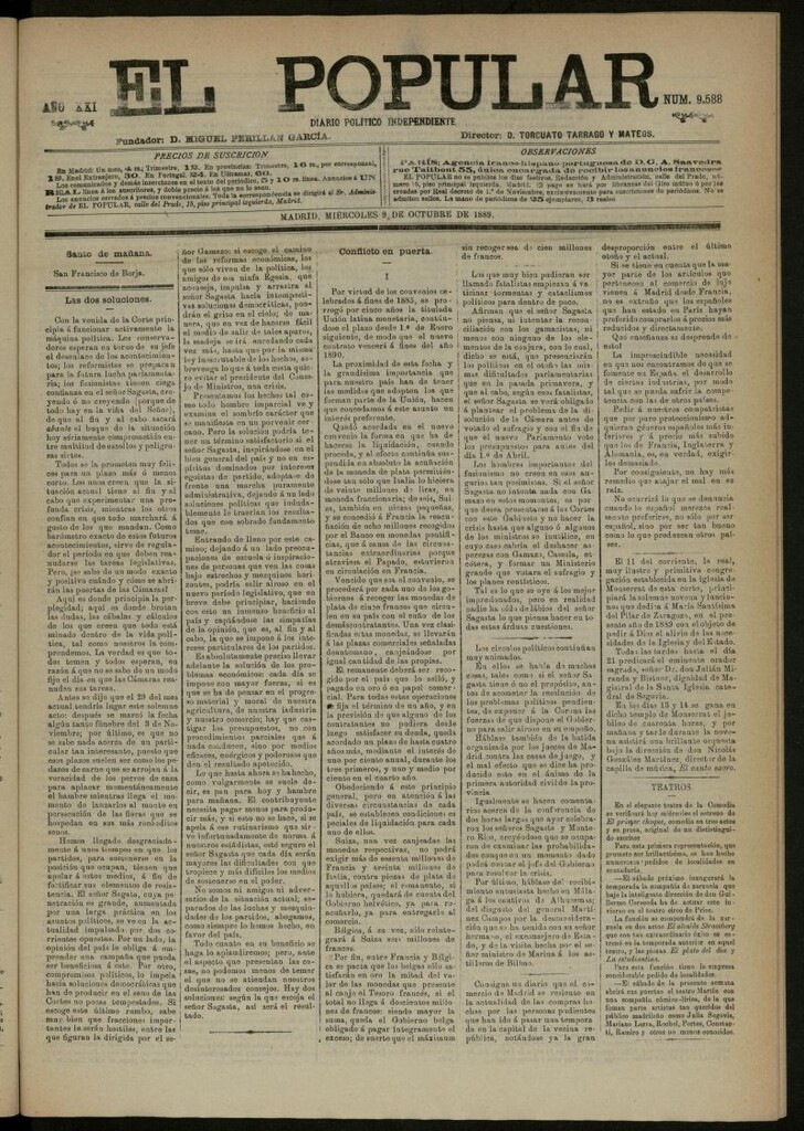 Miniatura de El Popular: diario independiente, político, literario y de noticias de interés general del 9 de octubre de 1889, nº 9588