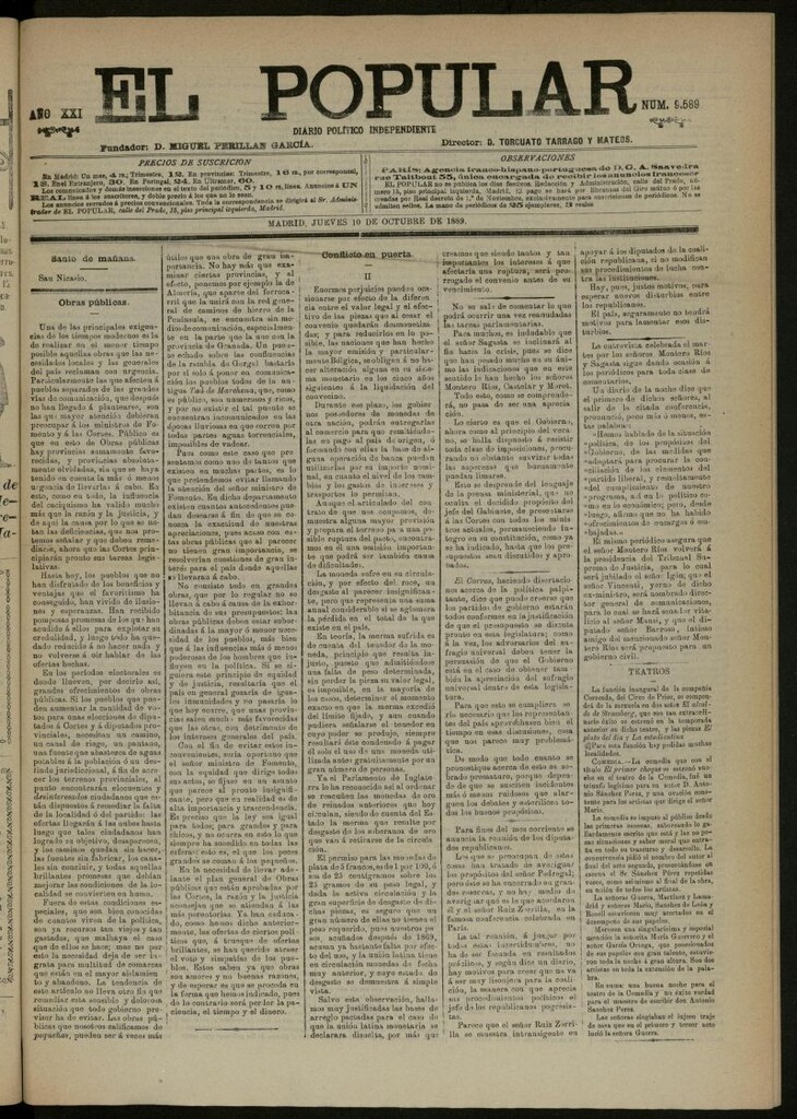 Miniatura de El Popular: diario independiente, político, literario y de noticias de interés general del 10 de octubre de 1889, nº 9589