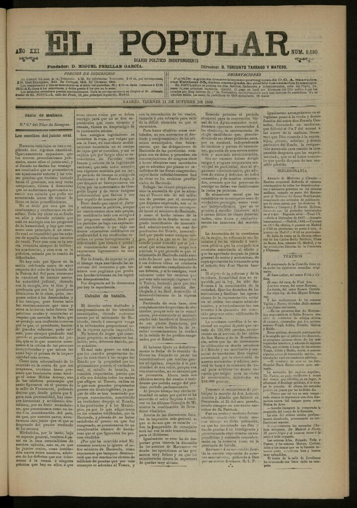 Miniatura de El Popular: diario independiente, político, literario y de noticias de interés general del 11 de octubre de 1889, nº 9590