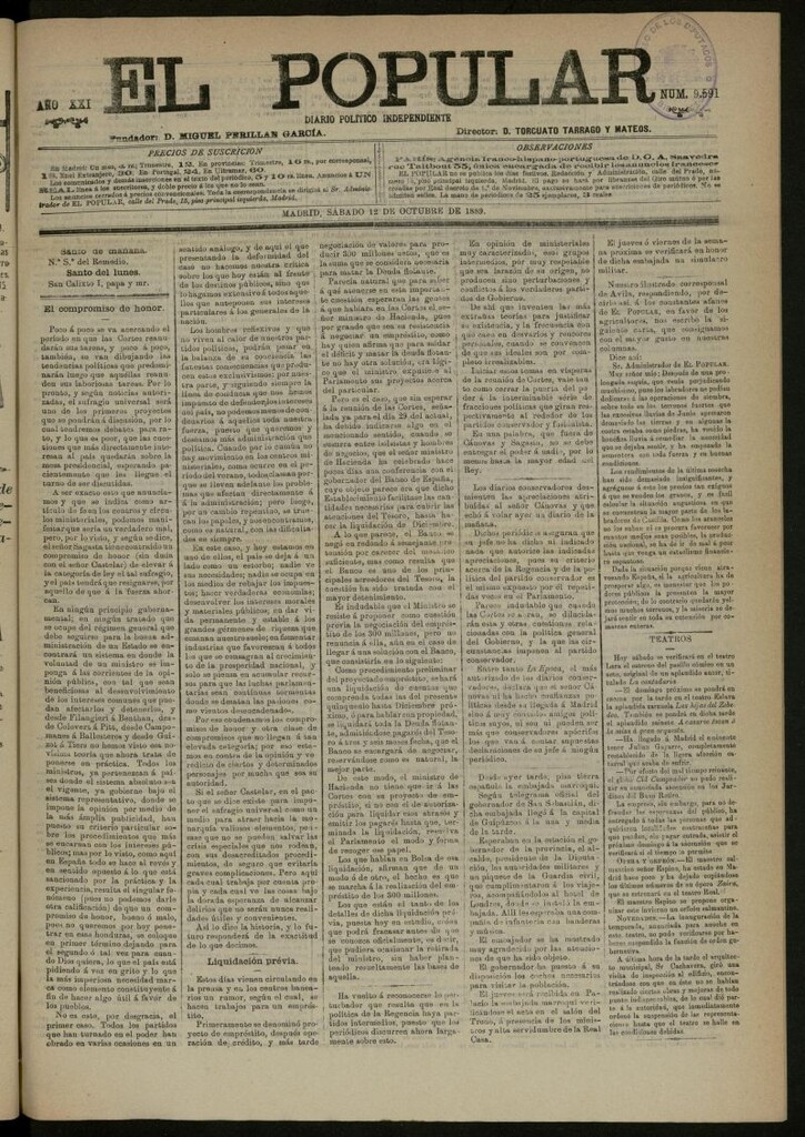 Miniatura de El Popular: diario independiente, político, literario y de noticias de interés general del 12 de octubre de 1889, nº 9591
