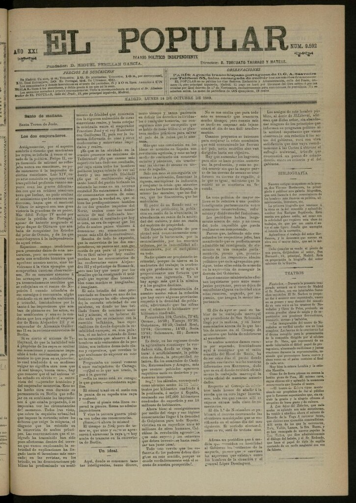 Miniatura de El Popular: diario independiente, político, literario y de noticias de interés general del 14 de octubre de 1889, nº 9592