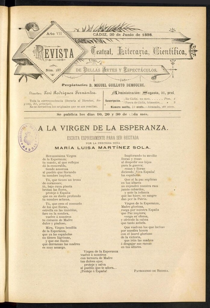 Miniatura de Revista Teatral, Literaria, Científica, de Bellas Artes y Espectáculos. Nº 237
