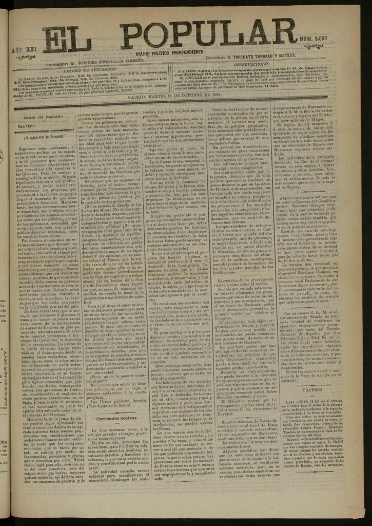 Miniatura de El Popular: diario independiente, político, literario y de noticias de interés general del 15 de octubre de 1889, nº 9593