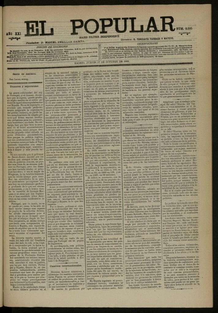 Miniatura de El Popular: diario independiente, político, literario y de noticias de interés general del 17 de octubre de 1889, nº 9595