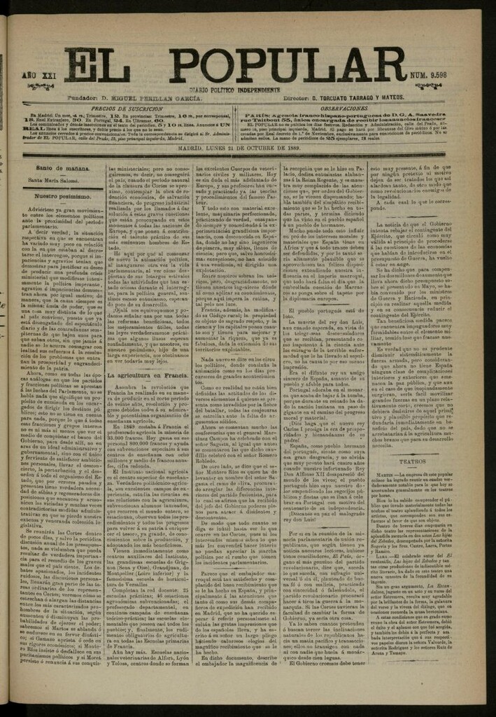 Miniatura de El Popular: diario independiente, político, literario y de noticias de interés general del 21 de octubre de 1889, nº 9598