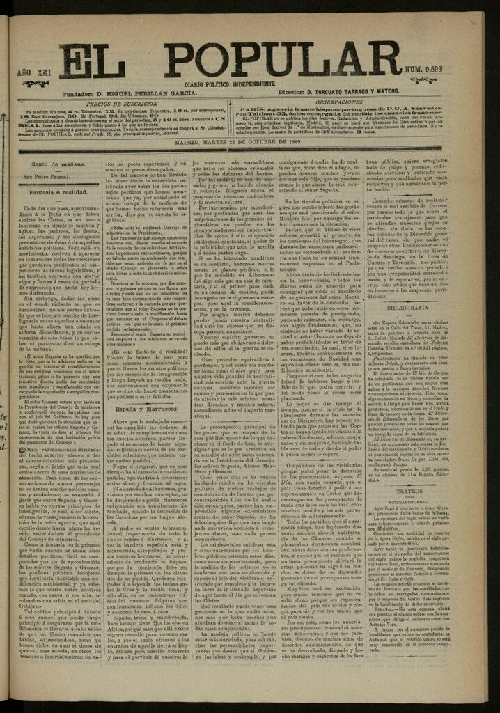 Miniatura de El Popular: diario independiente, político, literario y de noticias de interés general del 22 de octubre de 1889, nº 9599