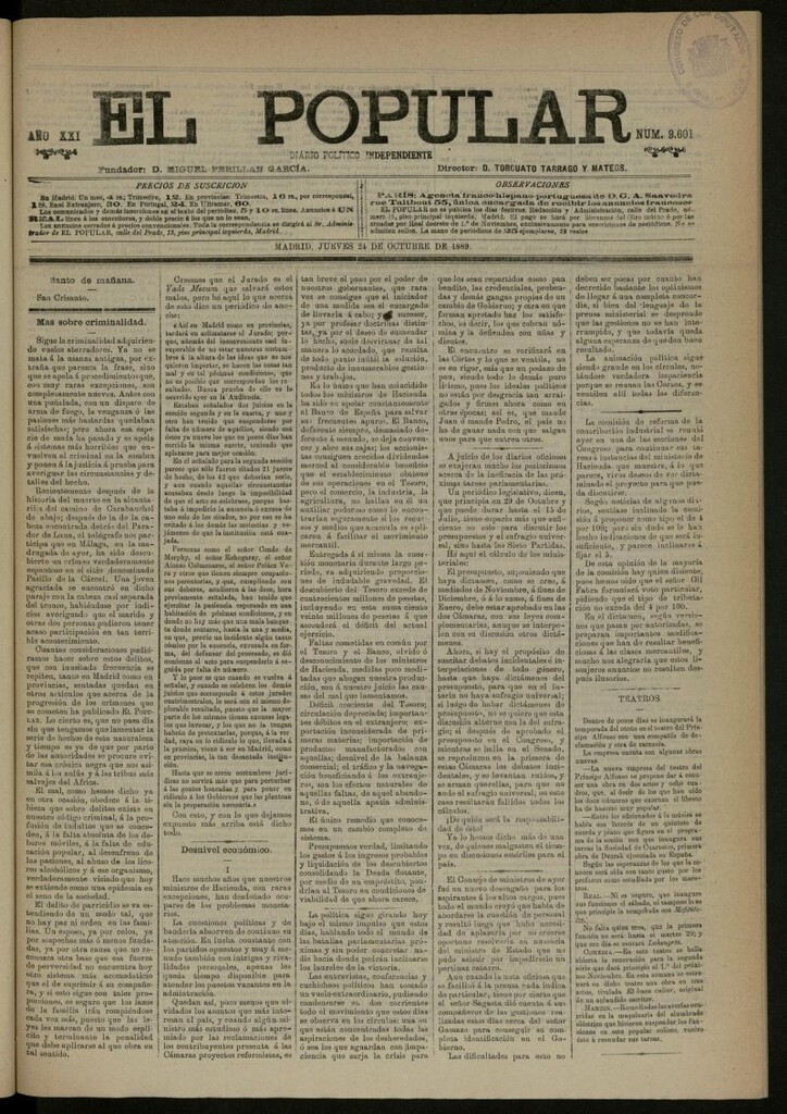Miniatura de El Popular: diario independiente, político, literario y de noticias de interés general del 24 de octubre de 1889, nº 9601