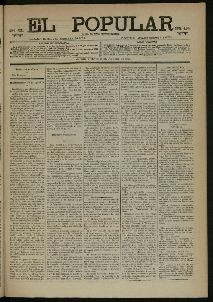 Miniatura de El Popular: diario independiente, político, literario y de noticias de interés general del 25 de octubre de 1889, nº 9602
