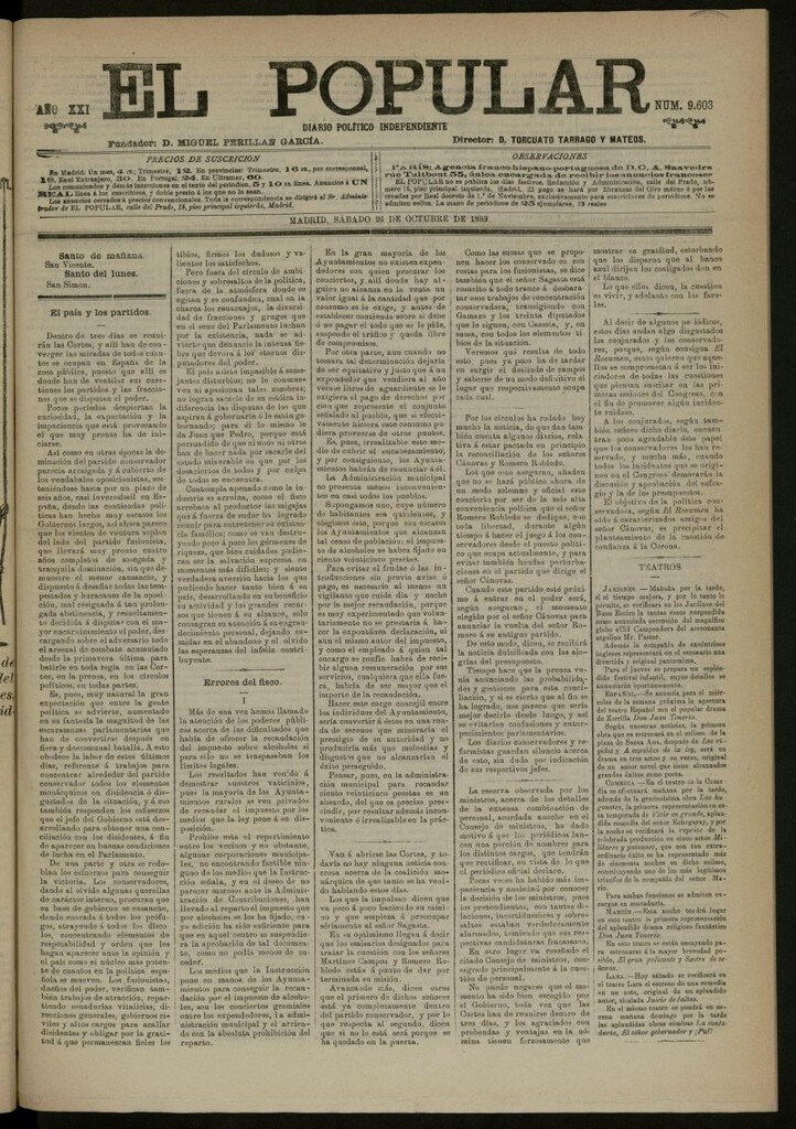 Miniatura de El Popular: diario independiente, político, literario y de noticias de interés general del 26 de octubre de 1889, nº 9603