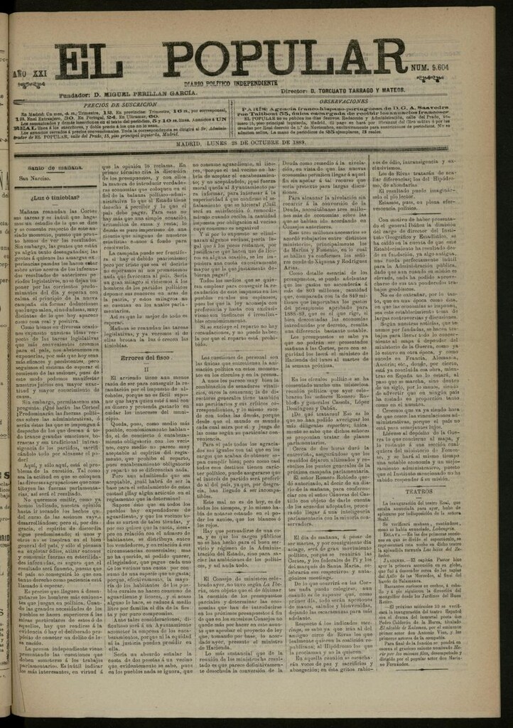 Miniatura de El Popular: diario independiente, político, literario y de noticias de interés general del 28 de octubre de 1889, nº 9604