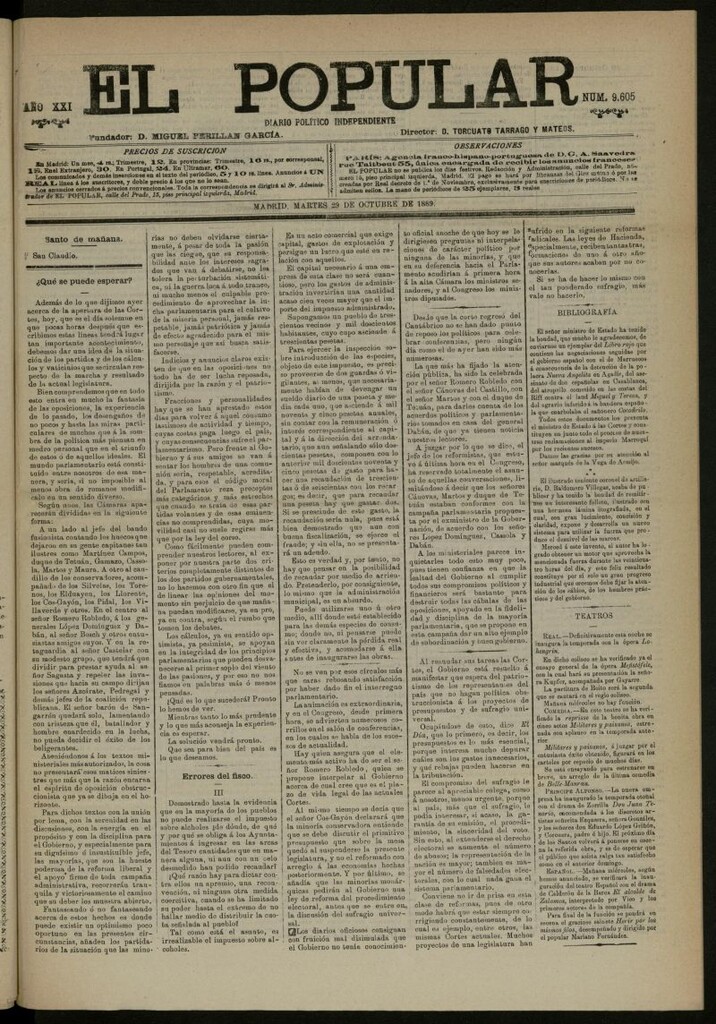 Miniatura de El Popular: diario independiente, político, literario y de noticias de interés general del 29 de octubre de 1889, nº 9605