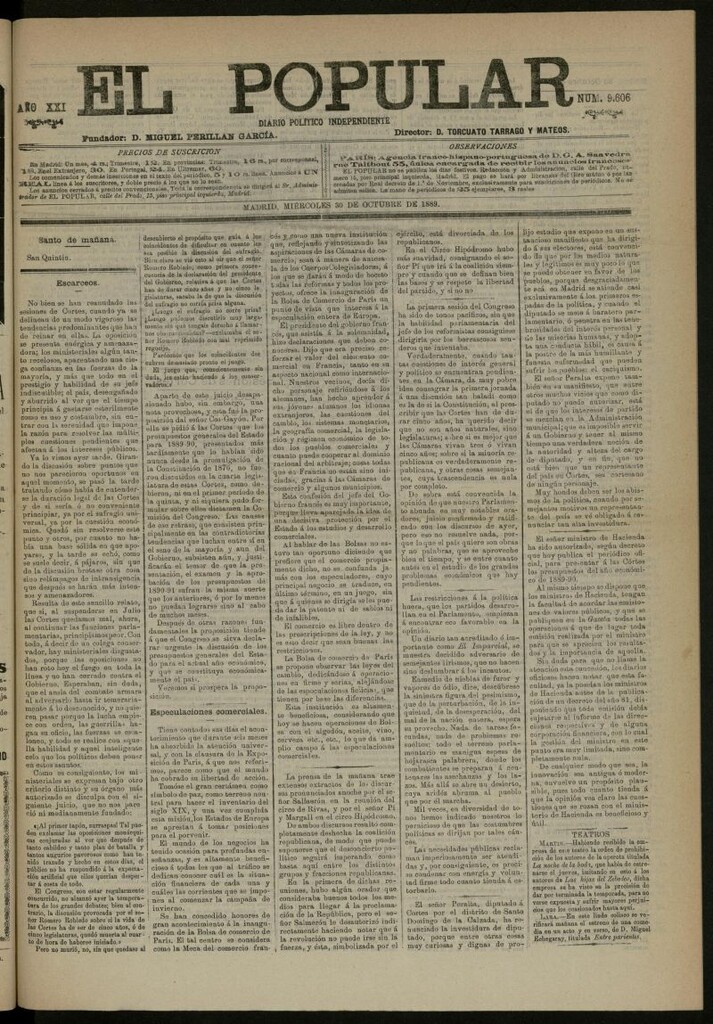 Miniatura de El Popular: diario independiente, político, literario y de noticias de interés general del 30 de octubre de 1889, nº 9606