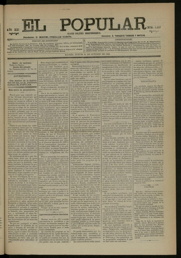 Miniatura de El Popular: diario independiente, político, literario y de noticias de interés general del 31 de octubre de 1889, nº 9607