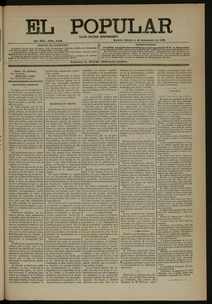 Miniatura de El Popular: diario independiente, político, literario y de noticias de interés general del 2 de noviembre de 1889, nº 9608