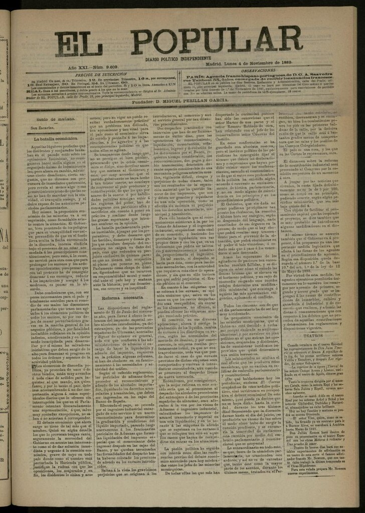 Miniatura de El Popular: diario independiente, político, literario y de noticias de interés general del 4 de noviembre de 1889, nº 9609