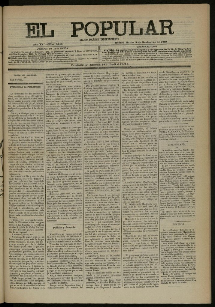 Miniatura de El Popular: diario independiente, político, literario y de noticias de interés general del 5 de noviembre de 1889, nº 9610