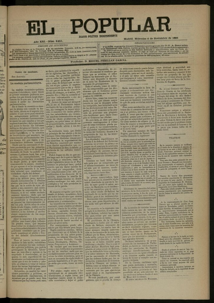 Miniatura de El Popular: diario independiente, político, literario y de noticias de interés general del 6 de noviembre de 1889, nº 9611