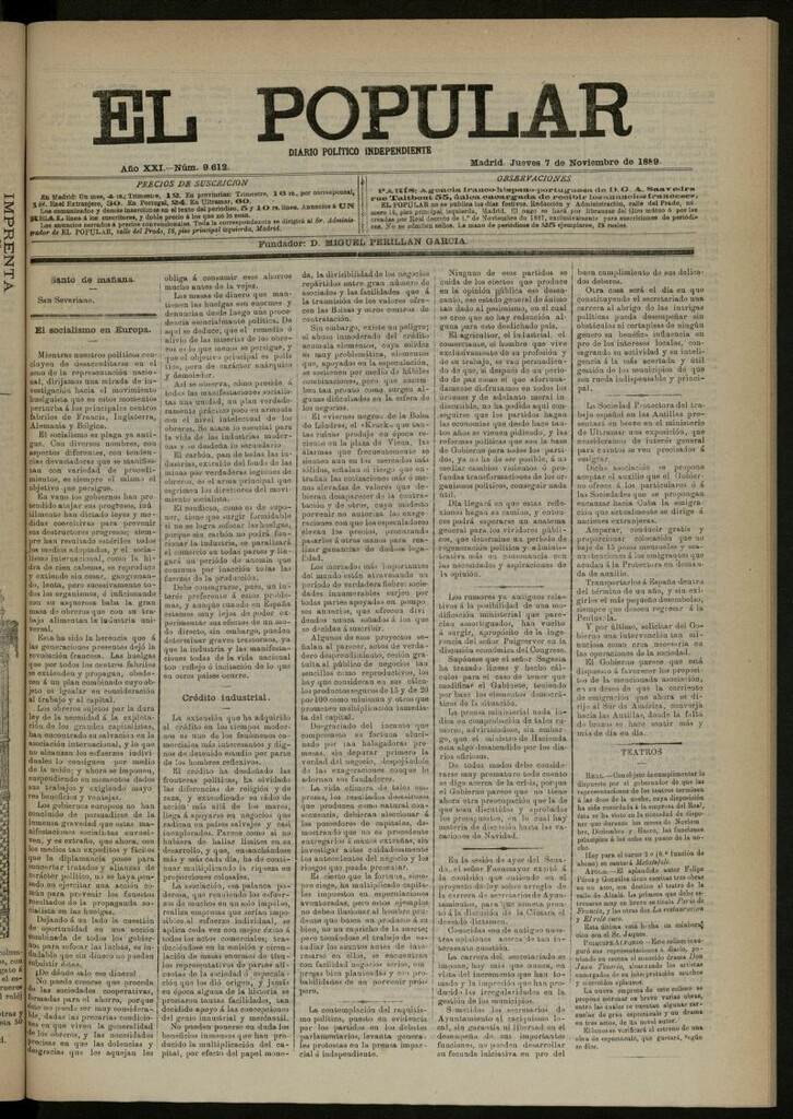 Miniatura de El Popular: diario independiente, político, literario y de noticias de interés general del 7 de noviembre de 1889, nº 9612