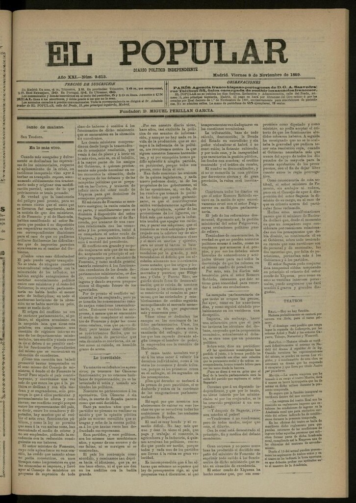 Miniatura de El Popular: diario independiente, político, literario y de noticias de interés general del 8 de noviembre de 1889, nº 9613