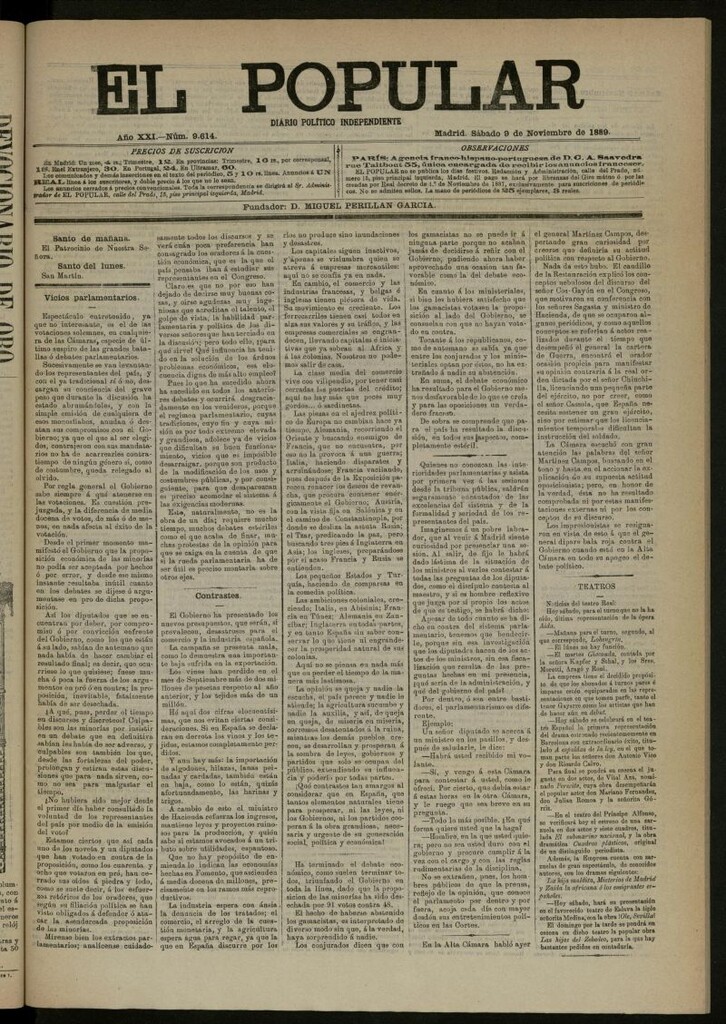 Miniatura de El Popular: diario independiente, político, literario y de noticias de interés general del 9 de noviembre de 1889, nº 9614