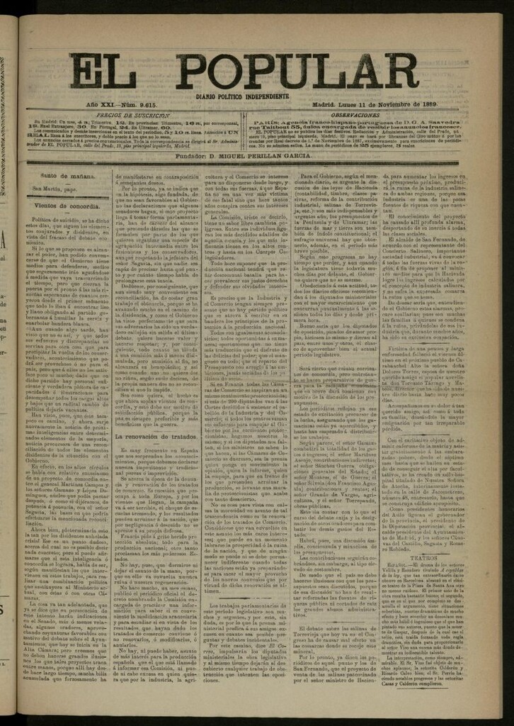 Miniatura de El Popular: diario independiente, político, literario y de noticias de interés general del 11 de noviembre de 1889, nº 9615