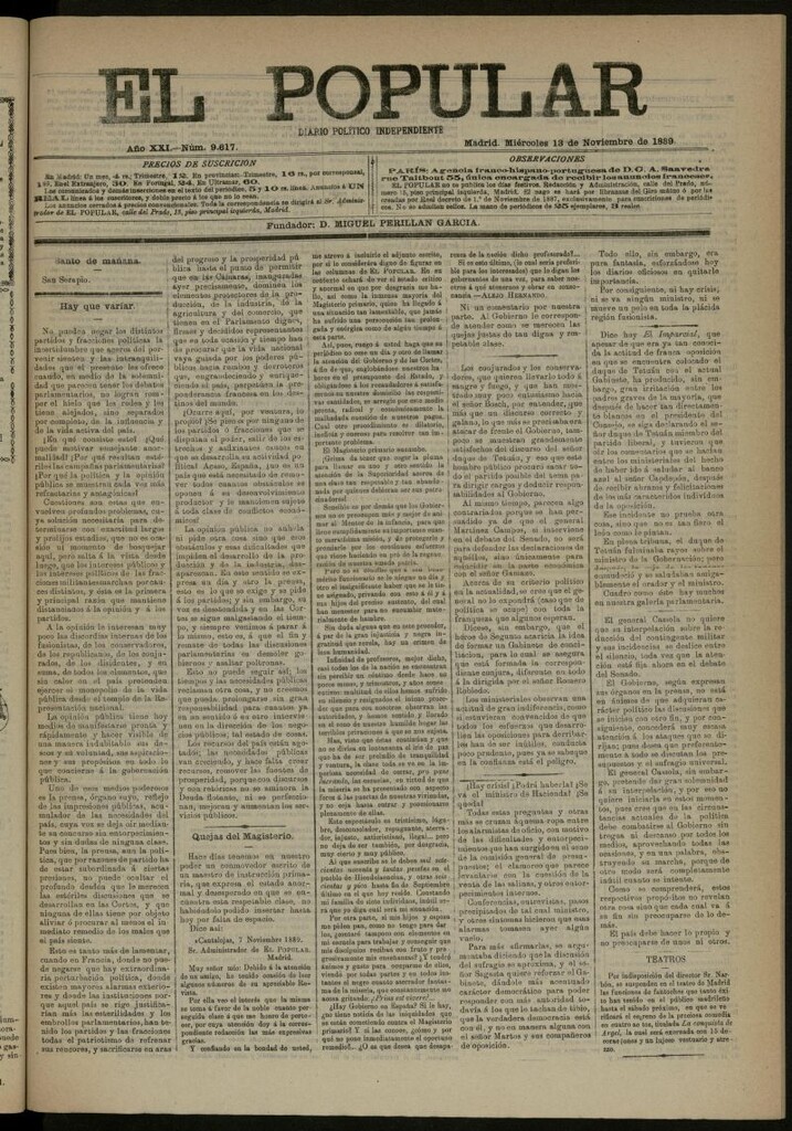 Miniatura de El Popular: diario independiente, político, literario y de noticias de interés general del 13 de noviembre de 1889, nº 9617