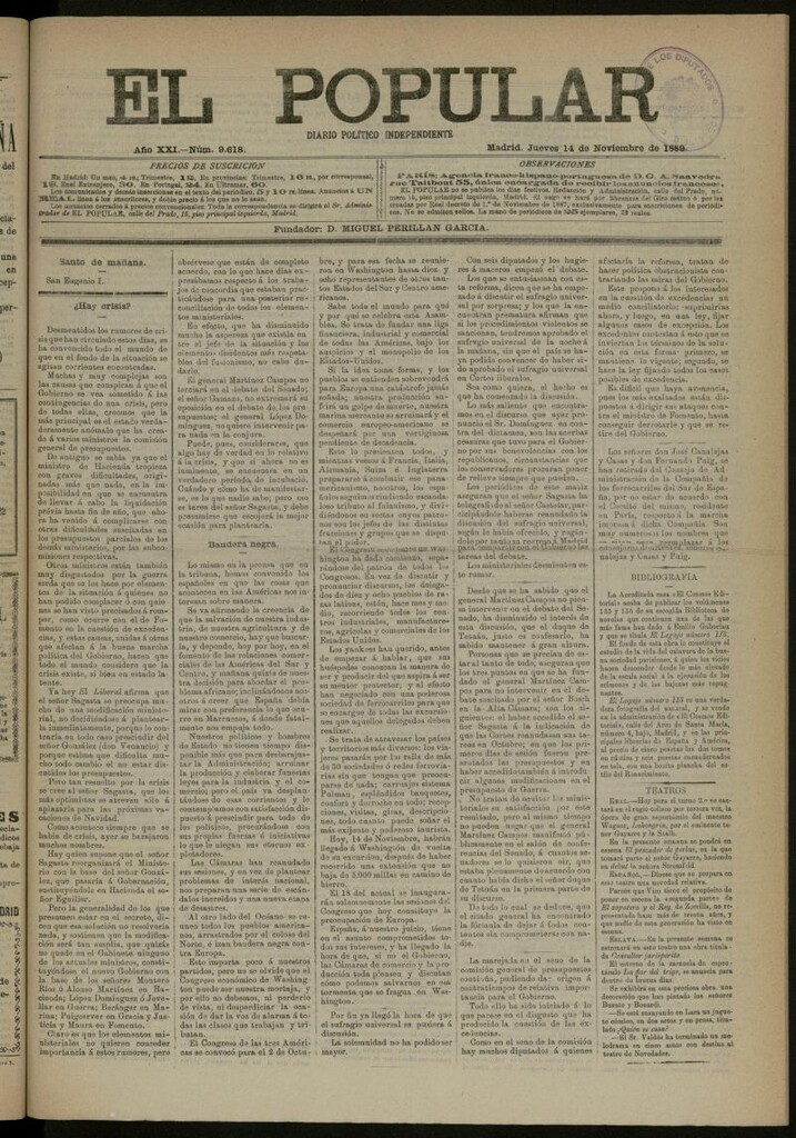 Miniatura de El Popular: diario independiente, político, literario y de noticias de interés general del 14 de noviembre de 1889, nº 9618