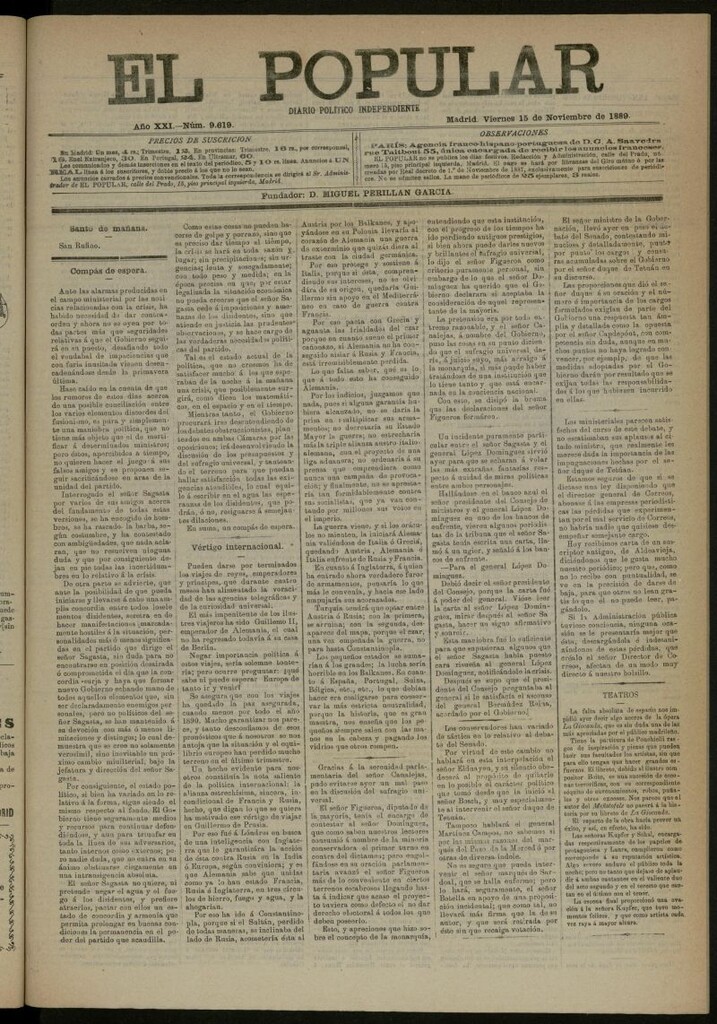 Miniatura de El Popular: diario independiente, político, literario y de noticias de interés general del 15 de noviembre de 1889, nº 9619