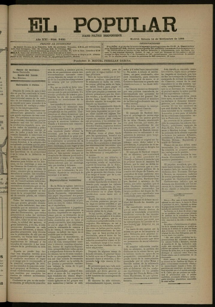 Miniatura de El Popular: diario independiente, político, literario y de noticias de interés general del 16 de noviembre de 1889, nº 9620