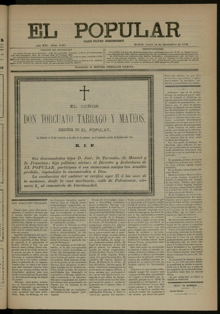 Miniatura de El Popular: diario independiente, político, literario y de noticias de interés general del 18 de noviembre de 1889, nº 9621